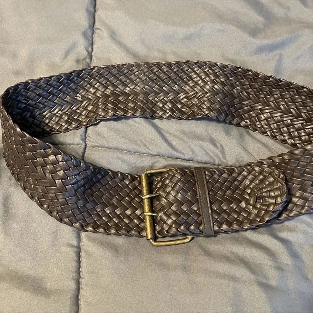 Leather Woven Belt Wide Women 40” Braided Double Buckle Brown Boho Cowgirl 80s
